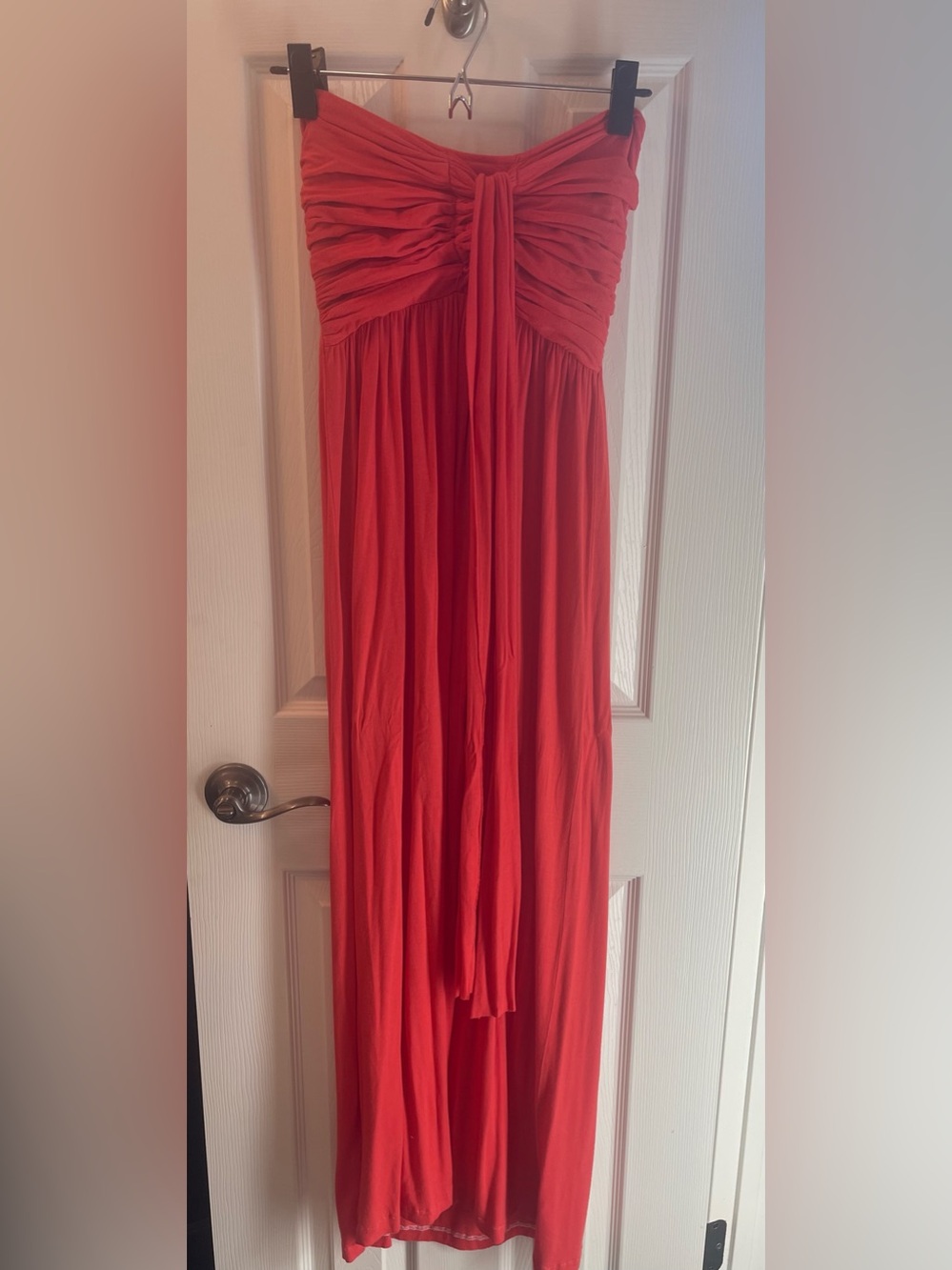 Red Strapless Ruched Maxi Dress